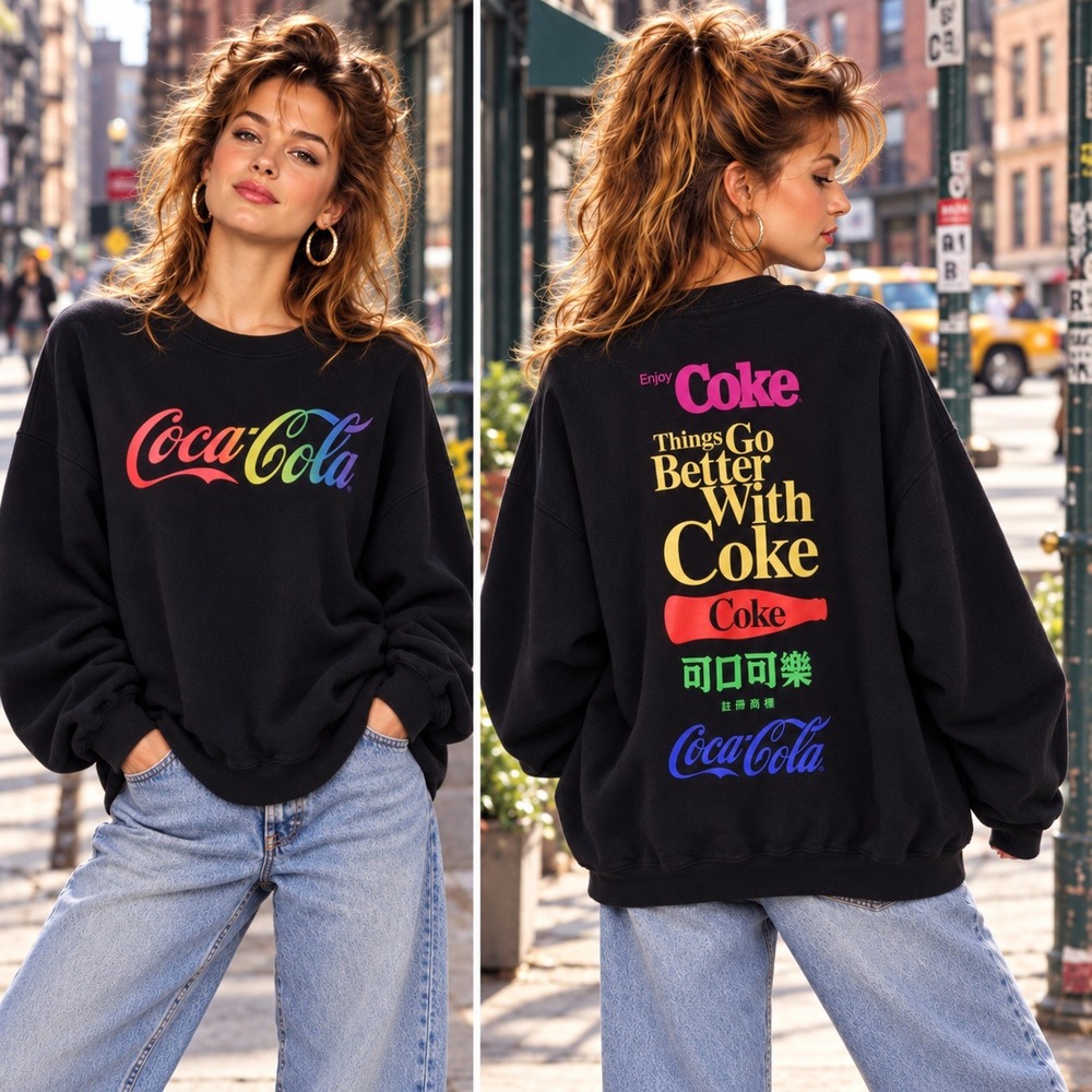 Coca-Cola 90s Rainbow Logo Black Crewneck Sweatshirt Things Go Better With Coke